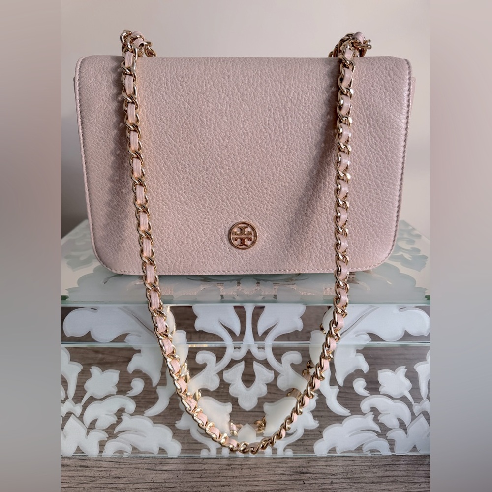 Tory Burch Light Pink Flap Shoulder Bag Convertible Crossbody Oak Pebble Leather